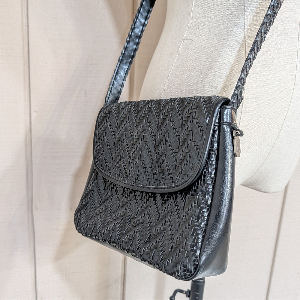 Vintage Liz Claiborne Black Leather Basketweave Crossbody Bag Minimalist